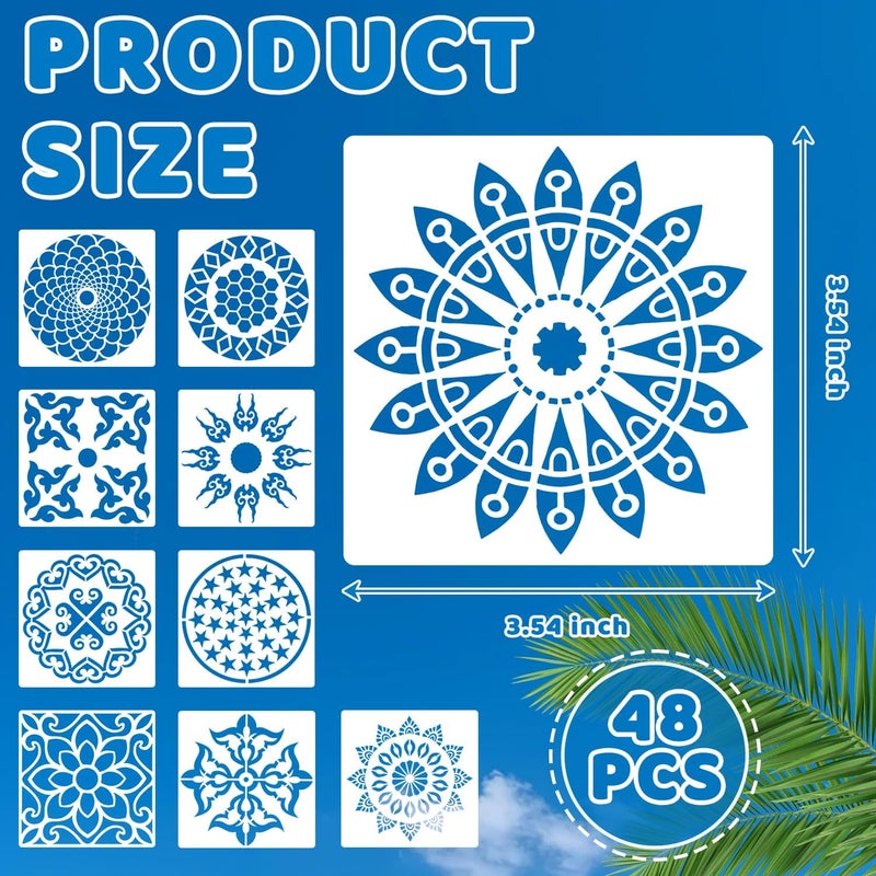 Resflyar 48 PCS Mandala Stencils Reusable Mandala Cookie Template Stencils for Painting for Coffee Cake Decorations Painting Rocks Wood Canvas Fabric Glass Pottery DIY Art Projects, 3.54 x 3.54 Inch - Image 2